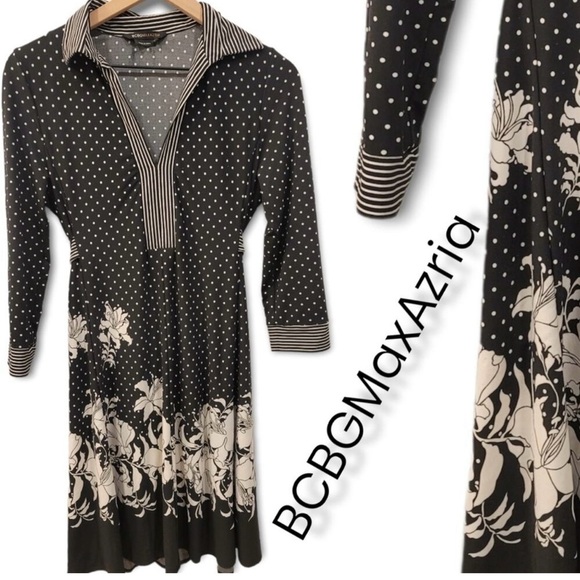 Bcbgmaxazria Black and White Mixed Print Dress Long Sleeves Size S - Picture 2 of 12